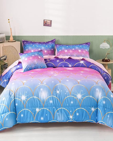 RYNGHIPY 6Pcs Teal Pink Sparkle Mermaid Comforter Sets Queen Size, 3D Rainbow Glitter Girls Bedding Sets, Ombre Pastel Fish Scale Bedding Collection Sets - LeafyLoom