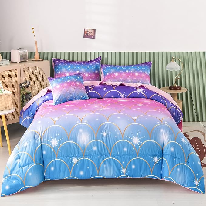RYNGHIPY 6Pcs Teal Pink Sparkle Mermaid Comforter Sets Twin Size, 3D Rainbow Glitter Girls Bedding Sets, Ombre Pastel Fish Scale Bedding Collection Sets - LeafyLoom