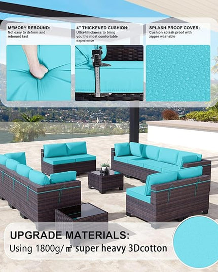 Kullavik 14PCS Outdoor Patio Furniture Set PE Wicker Rattan Sectional Sofa Patio Conversation Sets,Blue - LeafyLoom