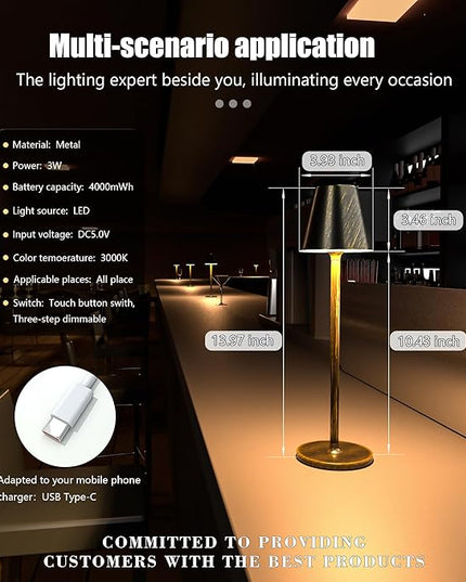 LED CordlessTable Lamp,4000mAh Rechargeable Battery Desk lamp,3 Level Brightness Night Light, Minimalist Design, for Couple Dinner/Coffee Table/Restaurant/Bedroom(Vintage Copper) - LeafyLoom