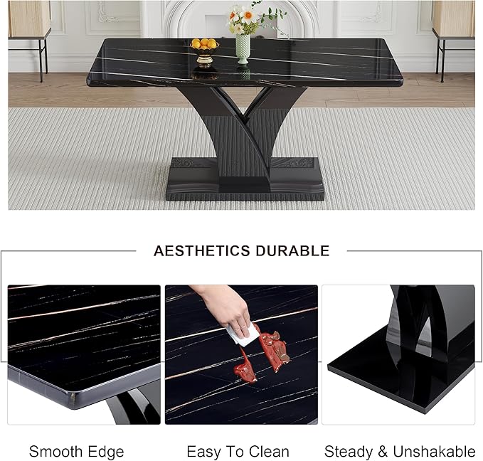 NicBex 63Inch Rectangular Dining Table,Modern Kitchen Table with Black Imitation Marble Tabletop and Black MDF Legs for 6 to 8,Large Dining Room Table for Kitchen,Meeting Living Room,Easy Clean,Black - LeafyLoom
