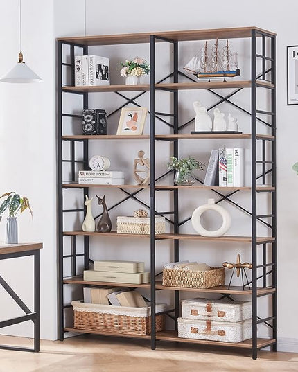 HOMISSUE Tall Bookshelf, 84" Bookshelves and Bookcases Double Wide 7-Tier Bookshelf, Tall Bookcase Wood Style and Metal Open Display Shelves for Living Room Home Office, Rustic Brown - LeafyLoom