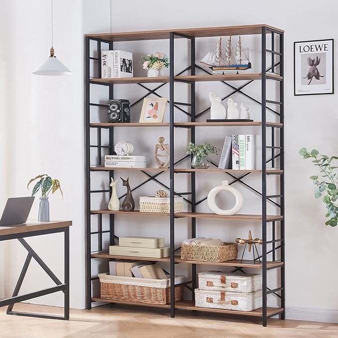 HOMISSUE Tall Bookshelf, 84" Bookshelves and Bookcases Double Wide 7-Tier Bookshelf, Tall Bookcase Wood Style and Metal Open Display Shelves for Living Room Home Office, Rustic Brown - LeafyLoom