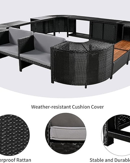 Outdoor Spa Surround Set Patio Furniture with Storage Space, Wood Seatings and Waterproof Cushions, Quadrilateral Rattan Sectional Sofa, for Backyard Deck Poolside, Onesize, Grey - LeafyLoom