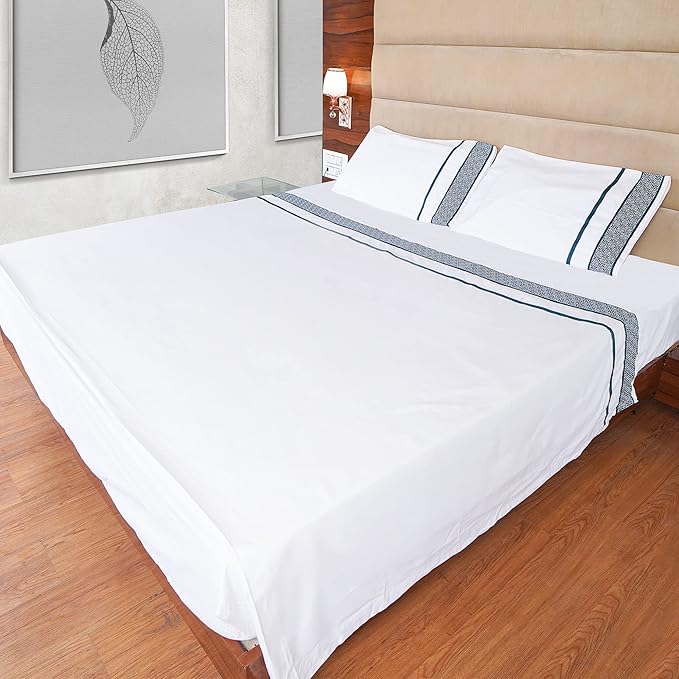 Bluemoon Homes 1000 Thread Count Sheets Queen - Egyptian Cotton Bed Sheets Queen Size Set, 100% Cotton Sheets Queen Deep Pocket, 4 Pc Solid Sheet Set, Teal Embroidered White Sheets - LeafyLoom