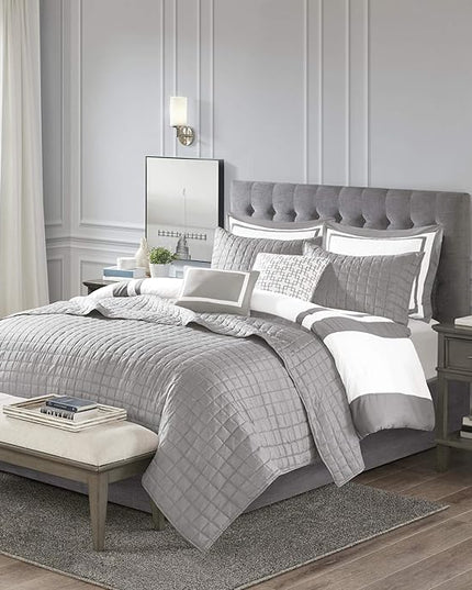 Madison Park Heritage Comforter Quilt Combo Set - Modern Luxury Design, All Season Down Alternative Bedding, Matching Shams, Decorative Pillows, King/Cal King(104"x92"), Color Block Grey 8 Piece - LeafyLoom