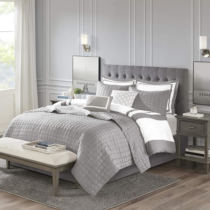 Madison Park Heritage Comforter Quilt Combo Set - Modern Luxury Design, All Season Down Alternative Bedding, Matching Shams, Decorative Pillows, King/Cal King(104"x92"), Color Block Grey 8 Piece - LeafyLoom