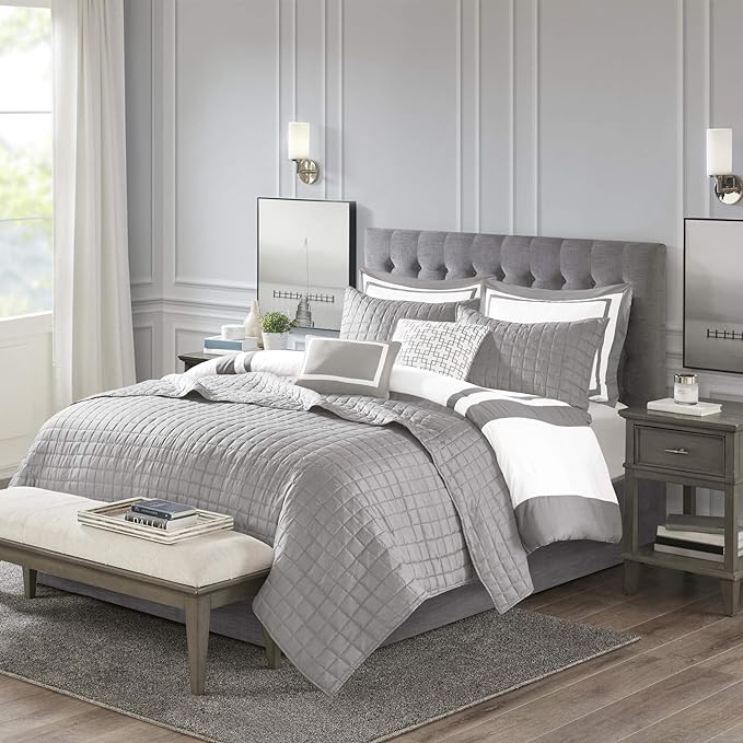 Madison Park Heritage Comforter Quilt Combo Set - Modern Luxury Design, All Season Down Alternative Bedding, Matching Shams, Decorative Pillows, Full/Queen(90"x90"), Color Block Grey 8 Piece - LeafyLoom