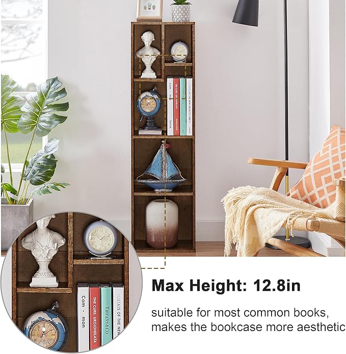 VECELO Small Bookshelf, 5 Cube Slim Bookcase, Fits Tallest Hardcovers, Horizontal Available, Modern Floor Standing Unit, Each Shelf Hold Up to 66 LBS, Vintage Brown - LeafyLoom