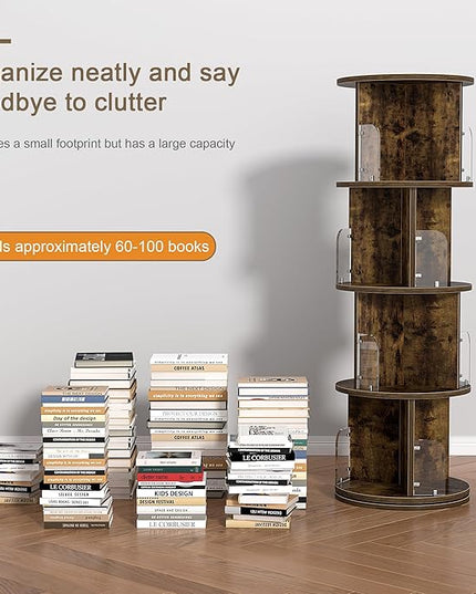 VECELO 4 Tier Revolving Bookshelf Tower, 360° Display Floor Standing Storage Rack with Acrylic Visible Window Partition for Bedroom, Living Room Home and Office, Brown - LeafyLoom