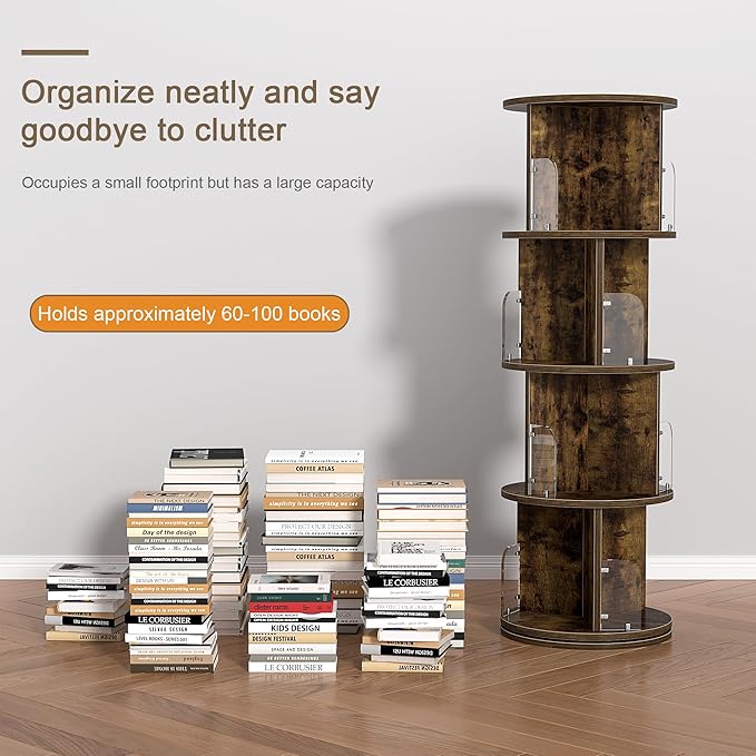 VECELO 4 Tier Revolving Bookshelf Tower, 360° Display Floor Standing Storage Rack with Acrylic Visible Window Partition for Bedroom, Living Room Home and Office, Brown - LeafyLoom