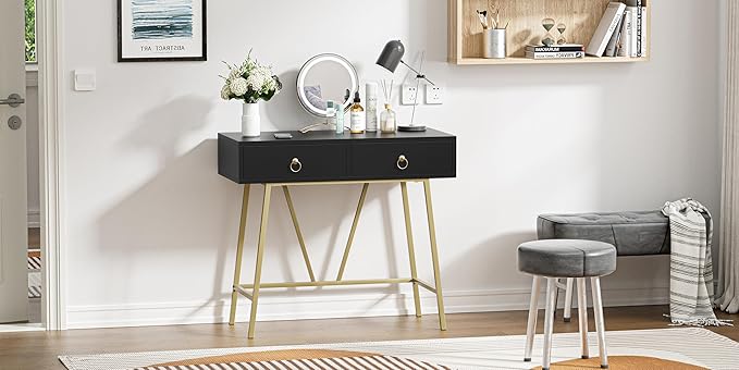 Anmytek Home Office Desk Black Writing Desk with 2 Drawers Modern & Simple Makeup Vanity Study Table Small Computer Desk, D0007 - LeafyLoom