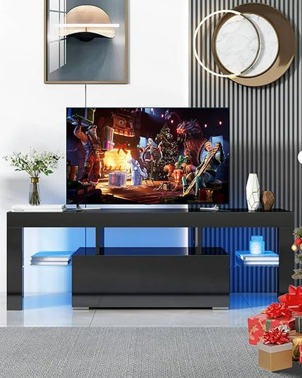 HOUAGI LED TV Stand for Televisions up to 55 Inchs,Modern Entertainment Center with Storage Drawer and Glass shelf, TV Console Table for Living room,Bedroom,Black - LeafyLoom