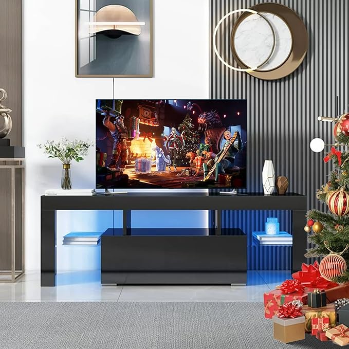 HOUAGI LED TV Stand for Televisions up to 55 Inchs,Modern Entertainment Center with Storage Drawer and Glass shelf, TV Console Table for Living room,Bedroom,Black - LeafyLoom