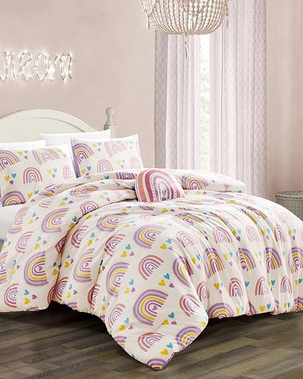 for Kids Rainbow Hearts 4-Piece Comforter Set - Beautiful Motif Design Bedding Set with Embrodery Print - LeafyLoom