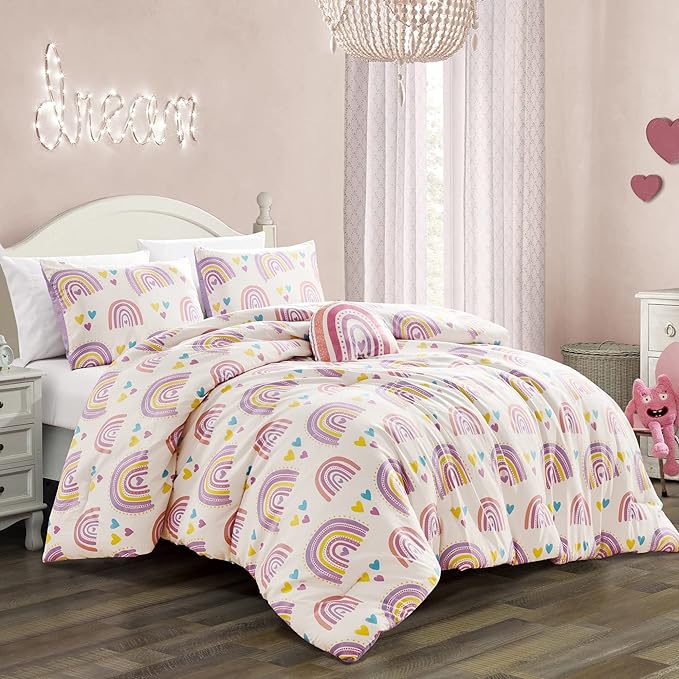for Kids Rainbow Hearts 4-Piece Comforter Set - Beautiful Motif Design Bedding Set with Embrodery Print - LeafyLoom