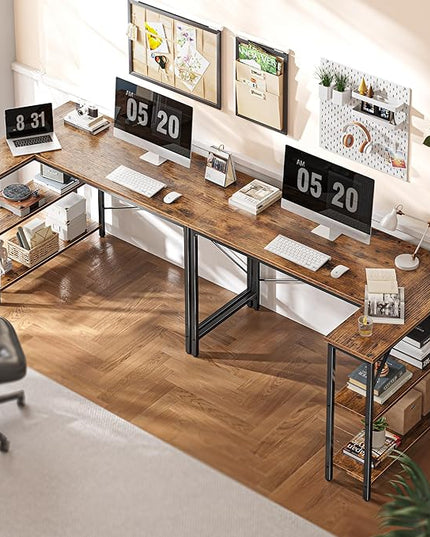 L Shaped Computer Desk with Reversible Storage Shelves, Gaming Corner Desk for Home Office, Writing Study Desk with Metal Frame, Rustic Brown - LeafyLoom