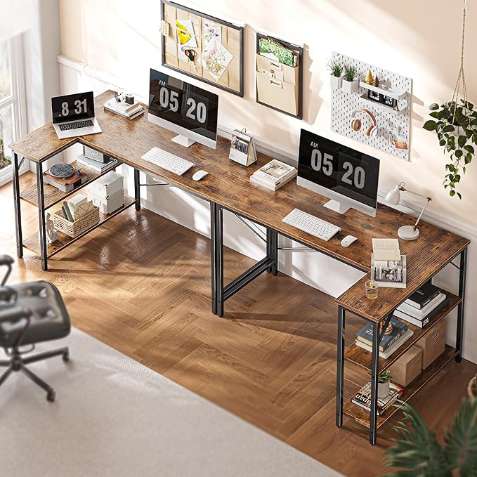 L Shaped Computer Desk with Reversible Storage Shelves, Gaming Corner Desk for Home Office, Writing Study Desk with Metal Frame, Rustic Brown - LeafyLoom