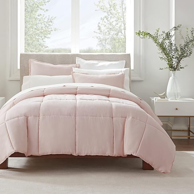 SERTA Simply Clean Ultra Soft Hypoallergenic Solid 2 Piece Comforter Set, Twin XL, Blush - LeafyLoom