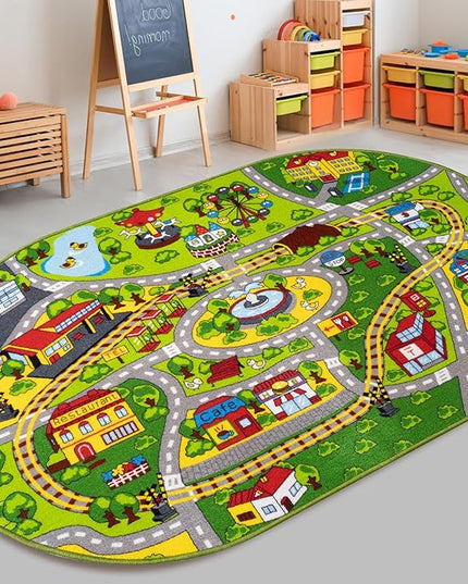 Booooom Jackson Train Car Rug for Kids-Kids Road Rug-Car Area Rug-Oval Rug-Kids Car Rug Play Mat-Car Rug for Boys Room Playroom Bedroom-Car Track Rug-Car Play Mat-Kids Rug City Car Carpet - LeafyLoom