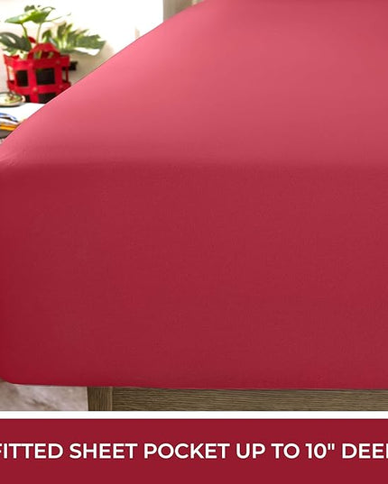 Mellanni RV Short Queen Sheets - 4 PC Iconic Collection Bedding Sheets & Pillowcases - Hotel Luxury, Extra Soft, Cooling Bed Sheets - Deep Pocket up to 10 inch (RV/Short Queen, Brick Red) - LeafyLoom