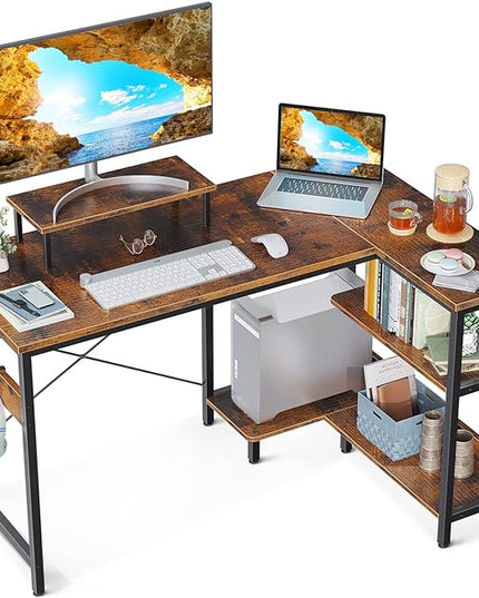 ODK L Shaped Computer Desk with Storage Shelves, 47 inch L-Shaped Corner Desk with Monitor Stand for Small Space, Modern Simple Writing Study Table for Home Office, Rustic Brown - LeafyLoom