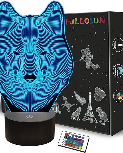 FULLOSUN 3D Wolf Night Light, Optical Illusion Lamp for Home Decor & Co-Sleeping,Remote Controller with 16 Color Changing Birthday Gifts for Kids, Boys & Men - LeafyLoom