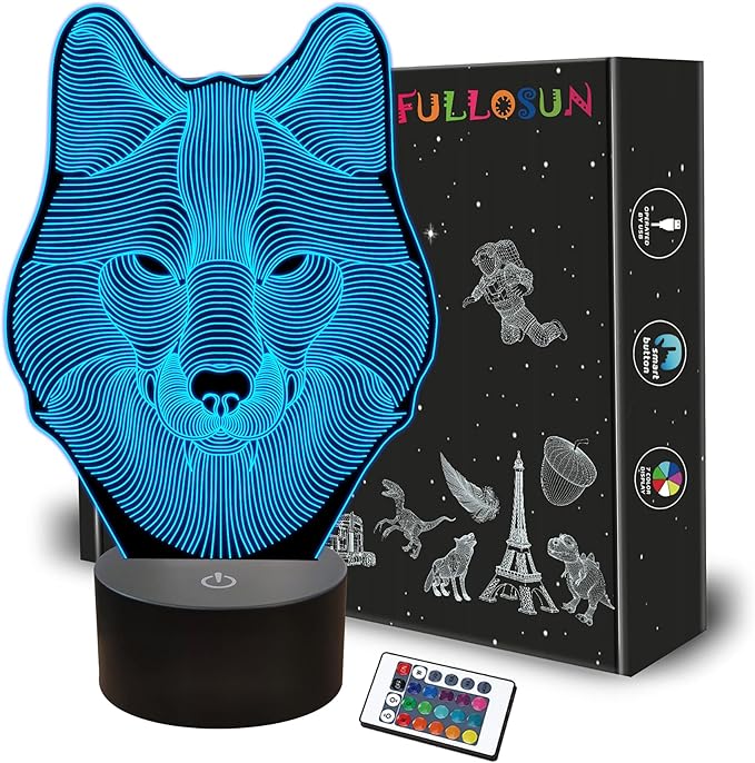 FULLOSUN 3D Wolf Night Light, Optical Illusion Lamp for Home Decor & Co-Sleeping,Remote Controller with 16 Color Changing Birthday Gifts for Kids, Boys & Men - LeafyLoom