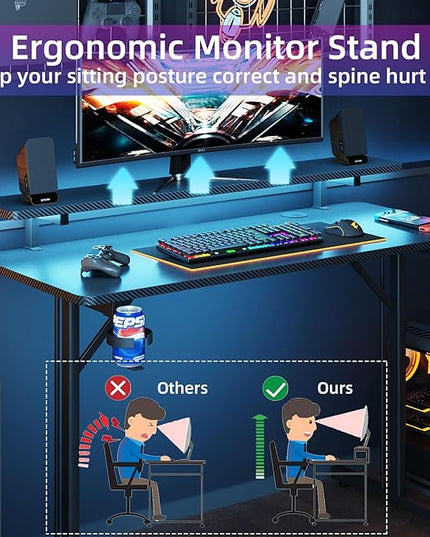 Flrrtenv Small Gaming Desk with LED Lights, 39 Inch Computer Gamer Desk with Monitor Stand, Ergonomic Carbon Fiber Surface Gaming Table with Remote Control for Home Office, RGB - LeafyLoom