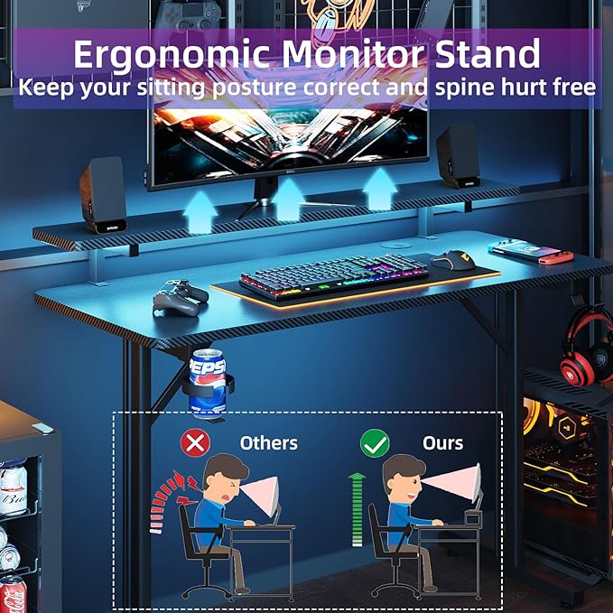 Flrrtenv Small Gaming Desk with LED Lights, 39 Inch Computer Gamer Desk with Monitor Stand, Ergonomic Carbon Fiber Surface Gaming Table with Remote Control for Home Office, RGB - LeafyLoom