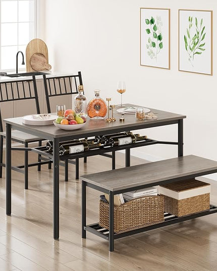 Dining Table Set for 4, Kitchen Table and Chairs for 4 with Wine Rack, Rectangular Dining Room Table Set with Bench, 4 Piece Dining Table Set for Small Space, Apartment, Retro Gray - LeafyLoom