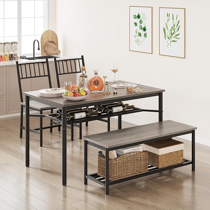 Dining Table Set for 4, Kitchen Table and Chairs for 4 with Wine Rack, Rectangular Dining Room Table Set with Bench, 4 Piece Dining Table Set for Small Space, Apartment, Retro Gray - LeafyLoom