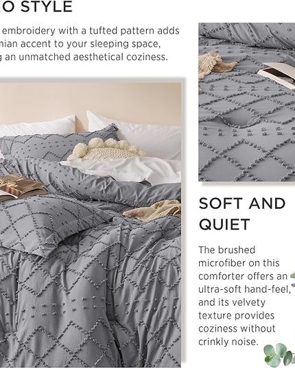 Bedsure Twin/Twin XL Comforter Set - Grey Boho Twin Extra Long Comforter Set for College, Shabby Chic Dorm Bedding Set, 2 Pieces Modern Farmhouse Bed Set, includes 1 Pillow Sham - LeafyLoom