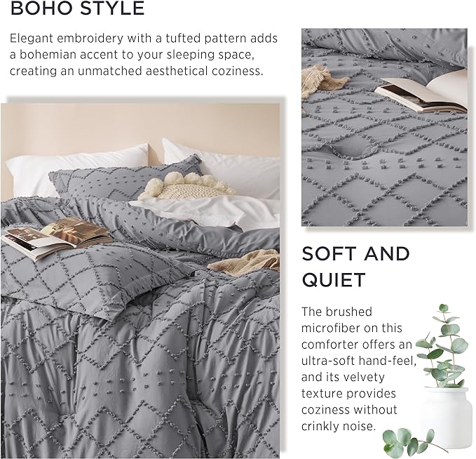 Bedsure Queen Comforter Set - Grey Comforter, Boho Tufted Shabby Chic Bedding Comforter Set, 3 Pieces Vintage Farmhouse Bed Set for All Seasons, Fluffy Soft Bedding Set with 2 Pillow Shams - LeafyLoom