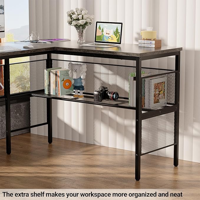Reversible L Shaped Gaming Desk, Large Corner Computer Desk with Power Outlets and USB Ports, Sturdy Home Office Table with Storage Shelf, Attractive Grid Design Writing Desk, Black Oak - LeafyLoom