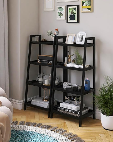 SMIBUY Bamboo Bookshelf, Bathroom Storage Rack Organizer, Plant Flower Display Stand Floor Standing with 4 Tier Open Shelves and Handles (Black) - LeafyLoom