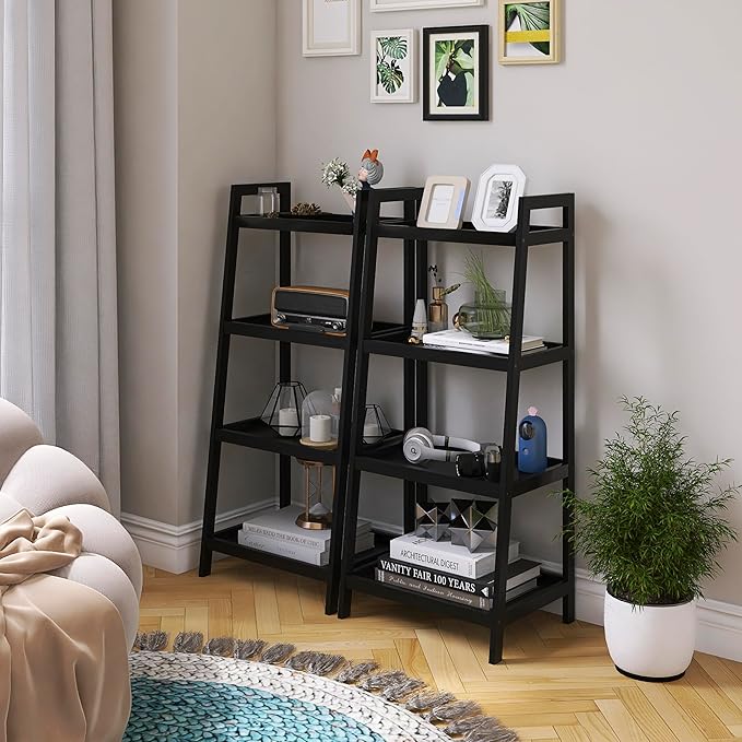 SMIBUY Bamboo Bookshelf, Bathroom Storage Rack Organizer, Plant Flower Display Stand Floor Standing with 4 Tier Open Shelves and Handles (Black) - LeafyLoom