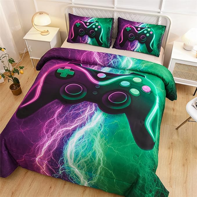 Meeting Story Gamer Gaming Bedding Sets Red Blue Lightnings Gamepad Comforter Set for Boys Games Console Action Buttons Novelty Colorful Modern Room Decor Home Quilt Set (Green-Purple, Full) - LeafyLoom
