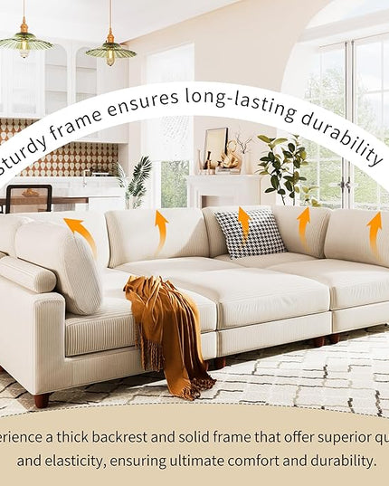 Free Combination Convertible Modular Sectional Sofa with Movable Ottomans , 163'' Oversized Corduroy Upholstered Sleeper Corner Couch Sofabed with Wooden Legs and Detachable Cushions for Living Room - LeafyLoom