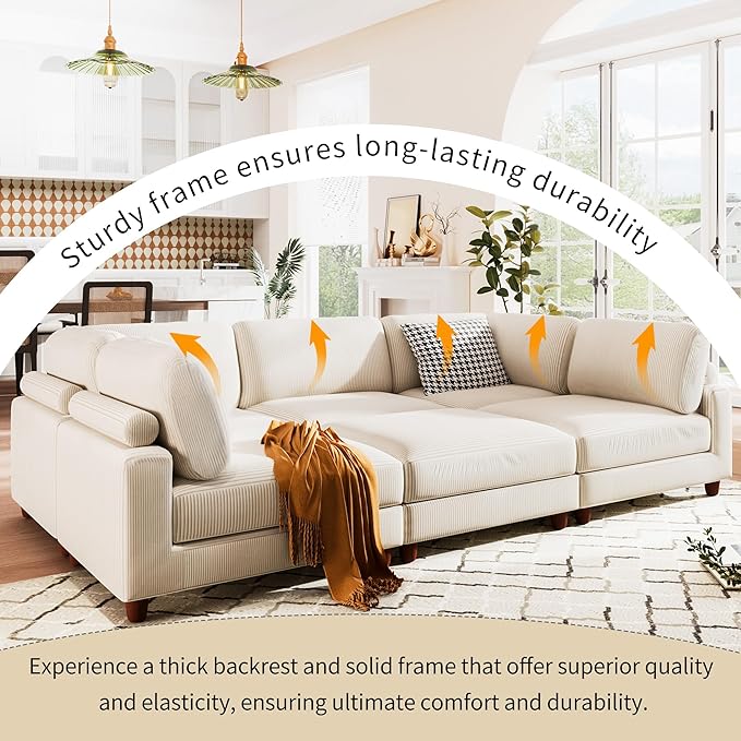 Free Combination Convertible Modular Sectional Sofa with Movable Ottomans , 163'' Oversized Corduroy Upholstered Sleeper Corner Couch Sofabed with Wooden Legs and Detachable Cushions for Living Room - LeafyLoom