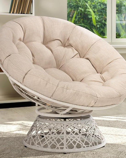 Bme 40" Ergonomic Wicker Papasan Chair with Soft Thick Density Fabric Cushion, High Capacity Steel Frame, 360 Degree Swivel for Living, Bedroom, Reading Room, Lounge - LeafyLoom