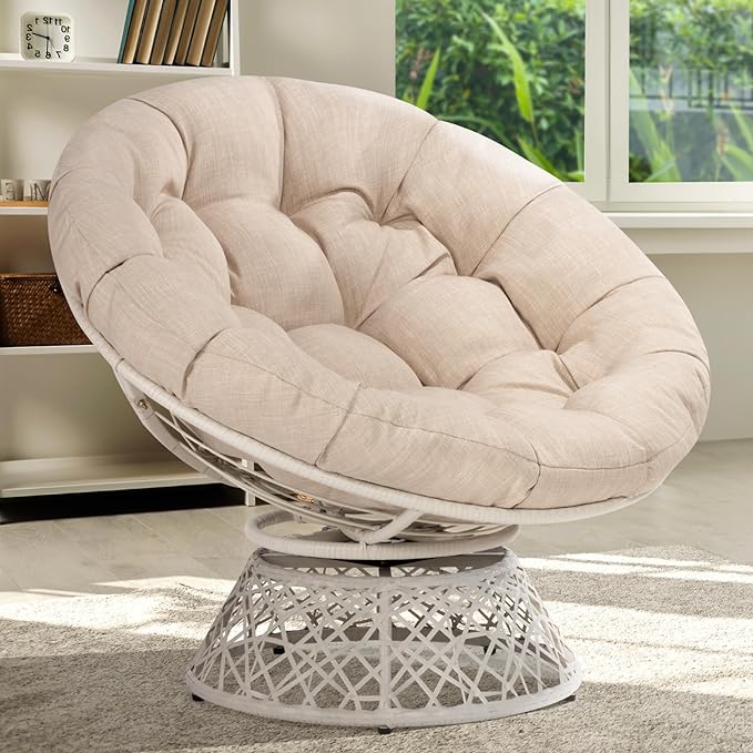 Bme 40" Ergonomic Wicker Papasan Chair with Soft Thick Density Fabric Cushion, High Capacity Steel Frame, 360 Degree Swivel for Living, Bedroom, Reading Room, Lounge - LeafyLoom