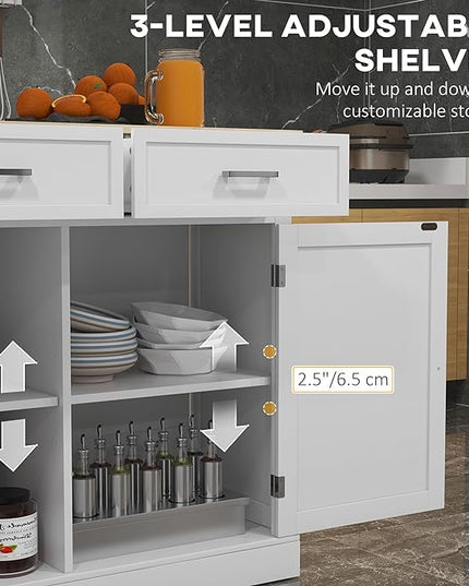 HOMCOM Rolling Kitchen Island with Drop Leaf Wood Breakfast Bar, Farmhouse Kitchen Cart with 2 Drawers, Adjustable Shelves for Dining Room, White - LeafyLoom
