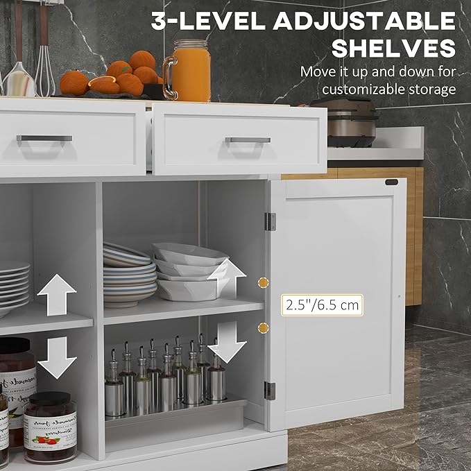 HOMCOM Rolling Kitchen Island with Drop Leaf Wood Breakfast Bar, Farmhouse Kitchen Cart with 2 Drawers, Adjustable Shelves for Dining Room, White - LeafyLoom