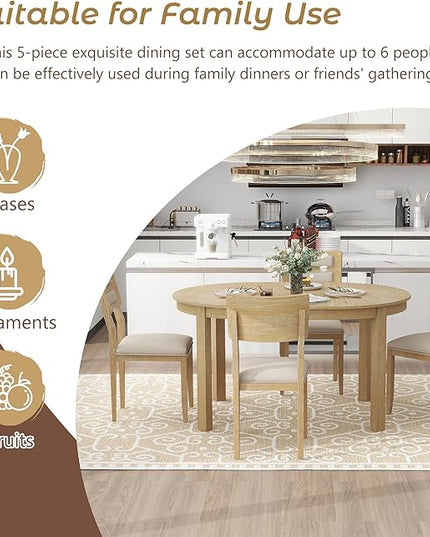 5-Piece Farmhouse Extendable Round Dining Table Set with Two 4 Upholstered Chairs for Kitchen, Breakfast Nook, Living Room, 42"-56" L x 42" W x 30" H, Natural Wood Wash(2 Small Drawers) - LeafyLoom