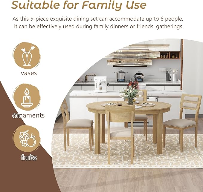 5-Piece Farmhouse Extendable Round Dining Table Set with Two 4 Upholstered Chairs for Kitchen, Breakfast Nook, Living Room, 42"-56" L x 42" W x 30" H, Natural Wood Wash(2 Small Drawers) - LeafyLoom