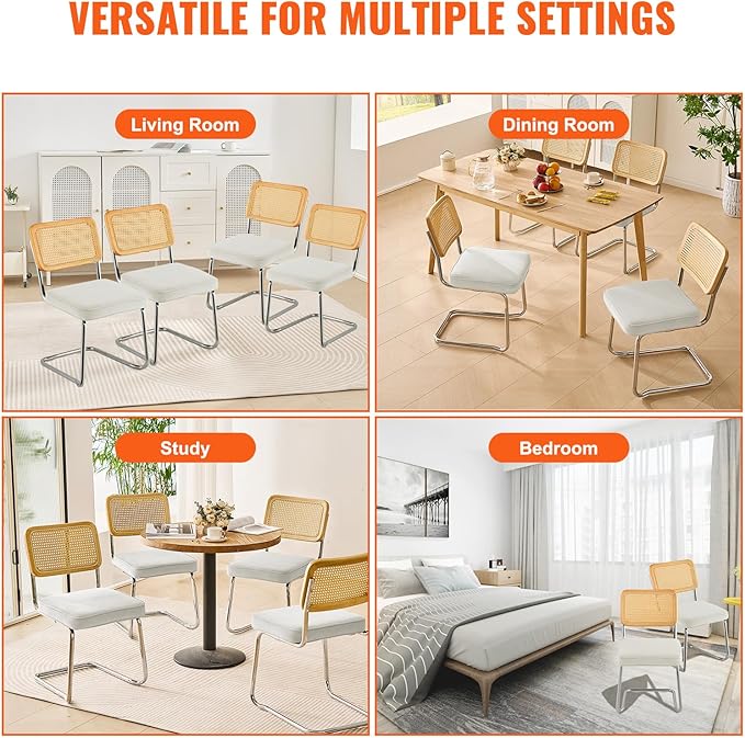 VEVOR Rattan Dining Chairs Set of 4, Mid Century Modern Dining Chair, Upholstered Velvet Accent Chair with Rattan Back, Retro Dining Room Kitchen Chair for Living Room, Bedroom, Office (18.1 Inch) - LeafyLoom