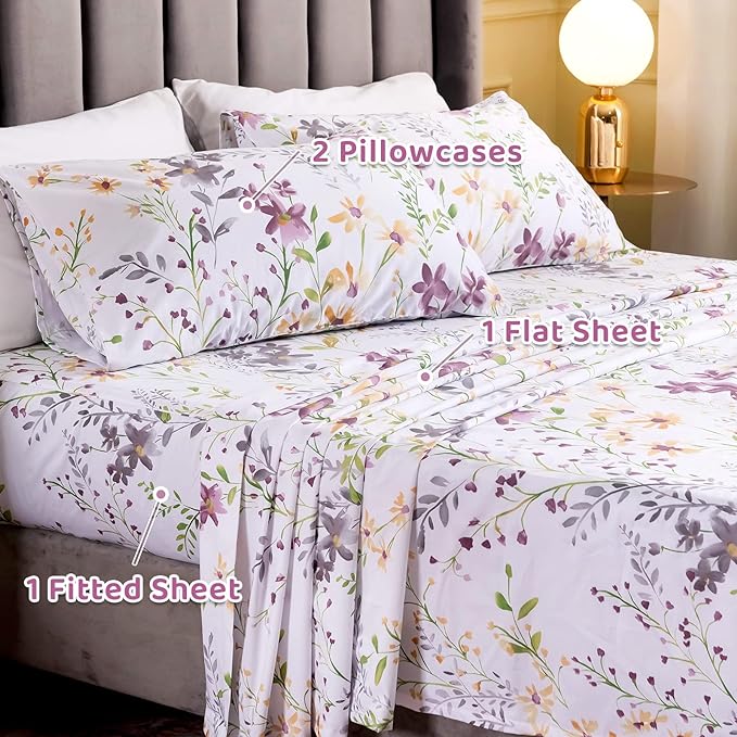 QSH 100% Egyptian Cotton Cal King Sheets, Yellow Flower Plant Pattern Botanical Luxury Cotton Printed Flower California King Bedding Sheets, 4pcs Deep Pocket California King Floral Bed Sheet Set - LeafyLoom