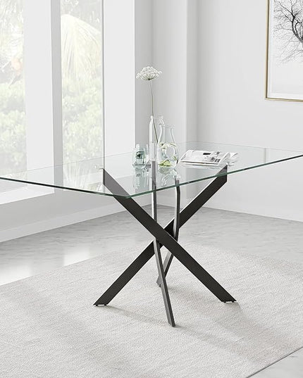 Tempered Glass Dining Table with Black Metal Legs, 47in Modern Rectangular Kitchen Table for Kitchen Dining Room Home Office (47.24 * 27.55, Black) - LeafyLoom