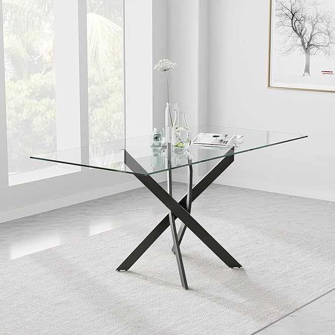 Tempered Glass Dining Table with Black Metal Legs, 47in Modern Rectangular Kitchen Table for Kitchen Dining Room Home Office (47.24 * 27.55, Black) - LeafyLoom